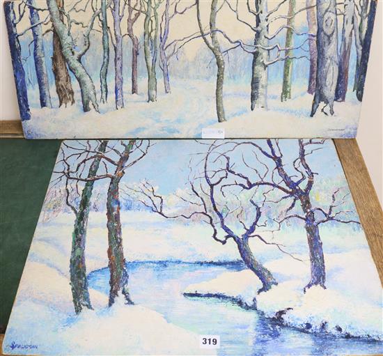 Cyril Saunders Spackman, two oils on canvas, winter scenes, signed, largest 50.5 x 61.5cm, both unframed